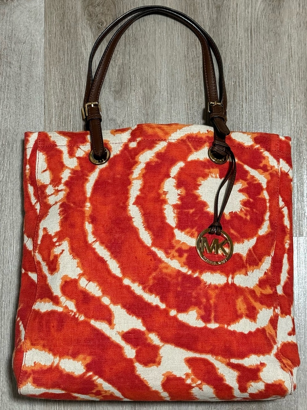 Michael Kors Tie Dye Canvas Tote Bag Purse Leather Straps Orange White